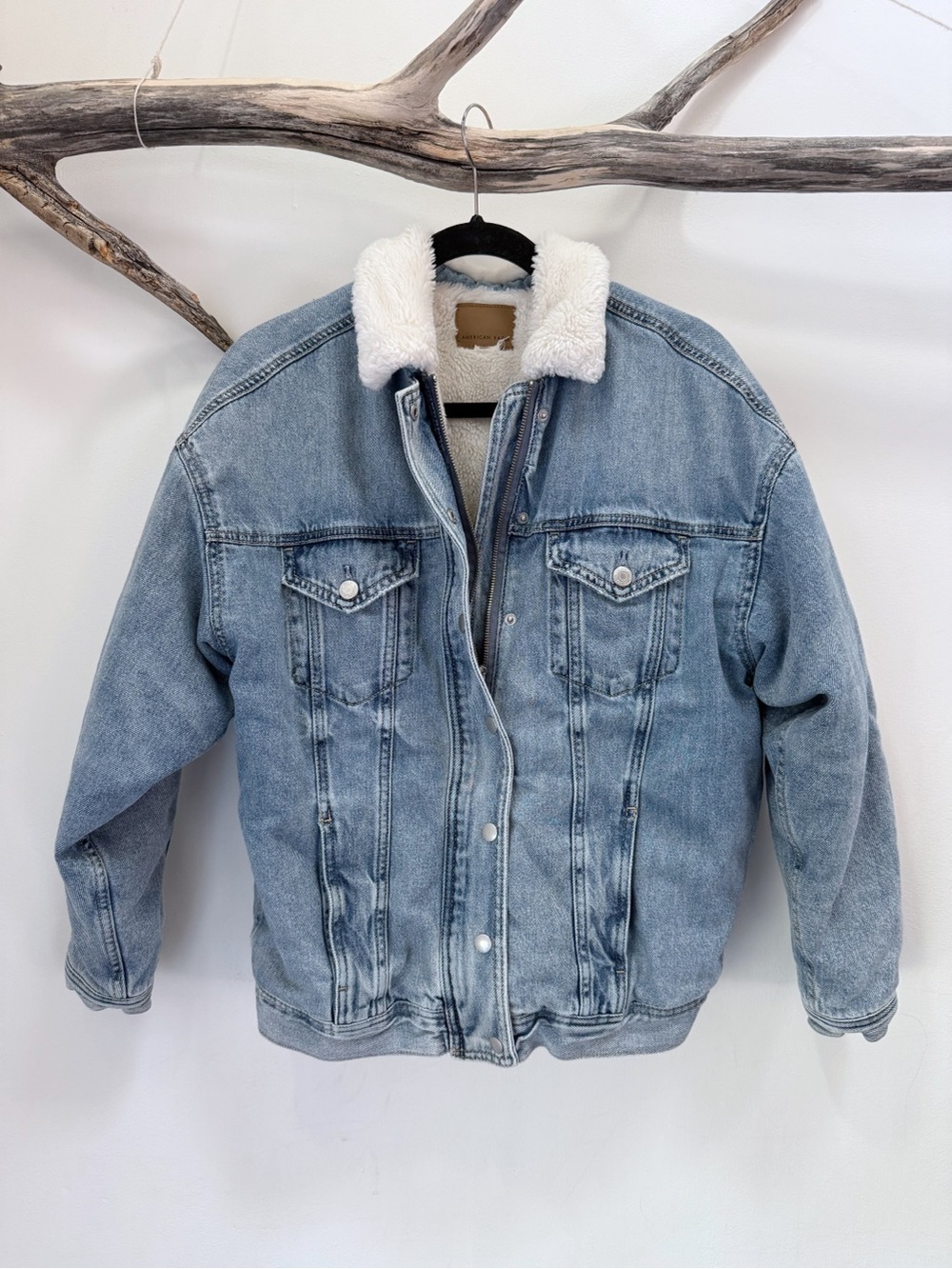 American Eagle | Bomber Jacket Blue Denim Jean White Cream Faux Fur Lined Medium